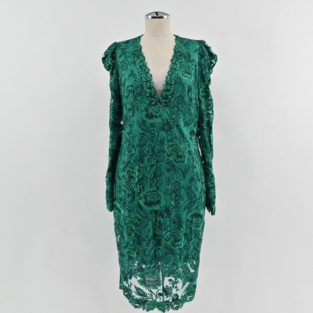 Tadashi Shoji Padgett Dress Womens 10 Green Cocktail Eembroidered Floral Lace